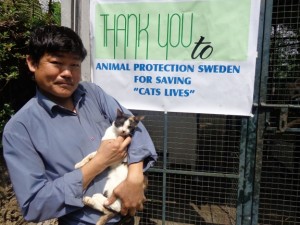 Man med katt framför en skylt som tackar Animal Protection Network för dess hjälp med att rädda Indiens katter